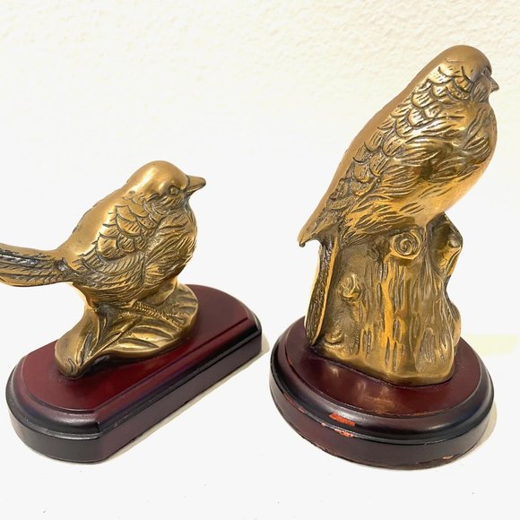 Brass Birds Elaborate Statues Bookends On Mahogany Stands - Picture 3 of 9